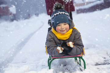 happy boy with sled