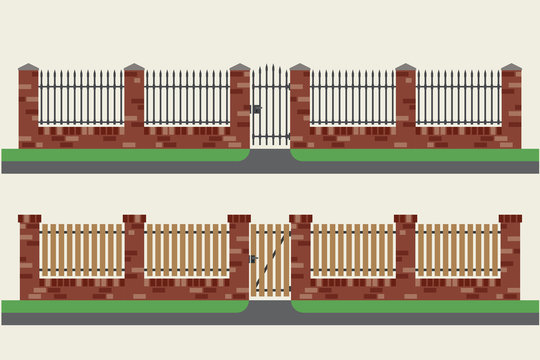Brick fences with wooden and metal.