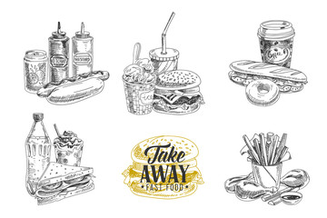Vector set of fast food. Illustration in sketch style