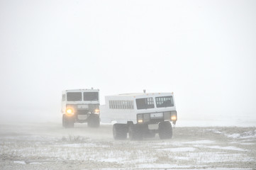 The all-terrain vehicle for snow trips to a snow blizzard in the tundra. Special car for the Arctic safari. © Uryadnikov Sergey