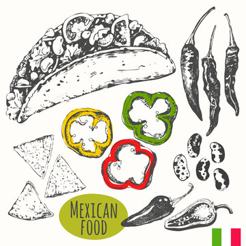 Mexican food in the sketch style. Latins traditional products.