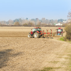 Red Tractor Plowing in Autumn.