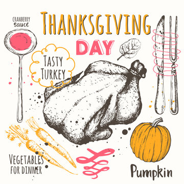 Thanksgiving day. Vector illustration of festive traditional food. 