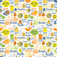 Seamless background with natural juices and smoothies. 
