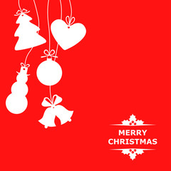 Silhouettes of hanging Christmas baubles on red background