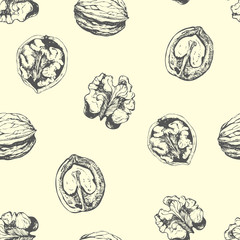 Hand-drawn sketch of walnuts. Seamless nature background. 