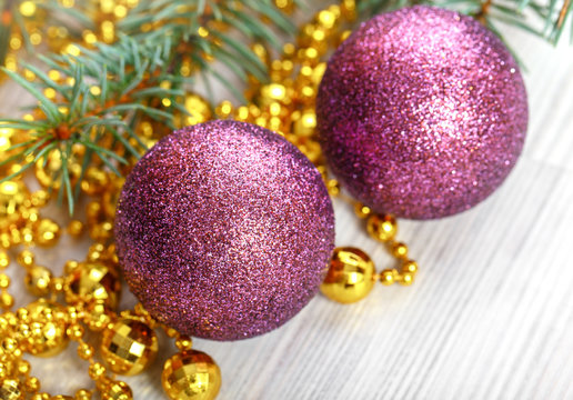 Colorful purple christmas decoration baubles. Merry christmas card. Winter holidays. Xmas theme. Happy New Year