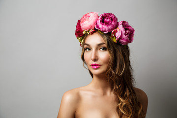 Woman with Wreath of Pink Flowers - 97601415
