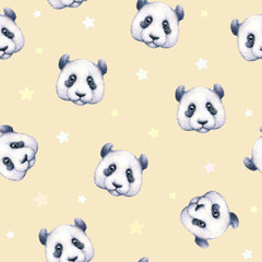 Pandas on beige background. Seamless pattern. Watercolor drawing. Children's illustration. Handwork
