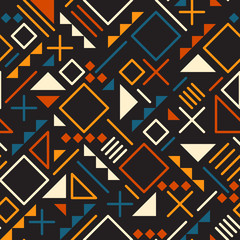 Vector Seamless Retro 80's  Jumble Geometric Line Shapes Tela Orange Color Pattern on Black Background