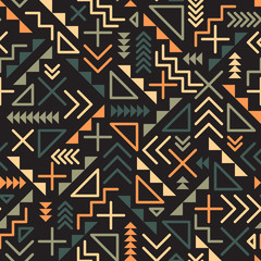 Vector Seamless Retro 80's  Jumble Geometric Line Shapes Green Orange Color Pattern on Black Background