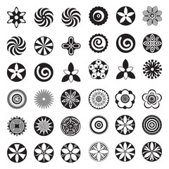 Black and white vector flowers set with nine different designs of spring and summer flowers, flat for logo ad icons.