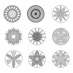 Hipster geometrical circular flowers, floral design elements, set of isolated linear graphical logos, icons, flower objects. 