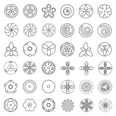 Flowers design element for coloring page book. Hipster geometrical circular flowers, floral design elements, set of isolated linear graphical logos, icons, flower objects. 