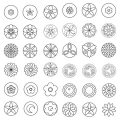Flowers design element for coloring page book. Hipster geometrical circular flowers, floral design elements, set of isolated linear graphical logos, icons, flower objects. 