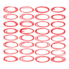 Red oval and circle marker set. Collection of highlight shapes.