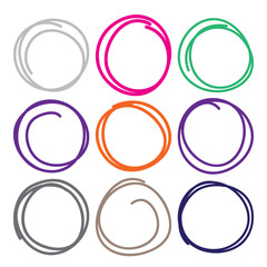 Set of nine hand drawn various color scribble circles and highlights, vector logo and diagrams design elements on white.