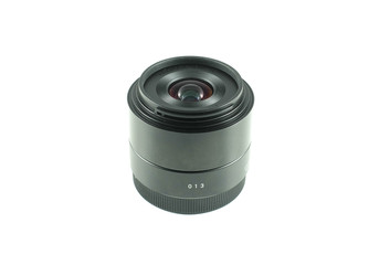 Small compact hybrid camera wide angle lens in black color, isolated on white background