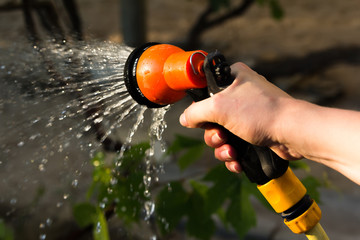 Watering garden equipment - hand holds the sprinkler hose for irrigation plants