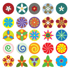 Set of flowers like chakras vector collection. Isolated on black background. Flat style. For design, associated with yoga and spiritual imaginary. 