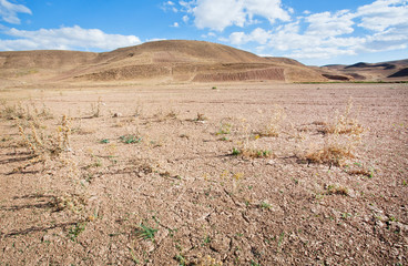 Mountains in the distance of the desert valley with dry soil under the scorching sun of the Middle East