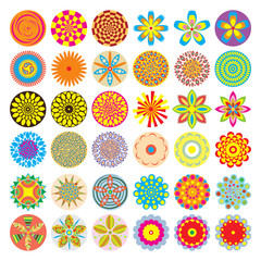 Ornament beautiful set of flowers like chakras for yoga. Geometric elements, hand drawn. Elements for spiritual compositions and patterns, small mandalas, kaleidoscope, medallion.