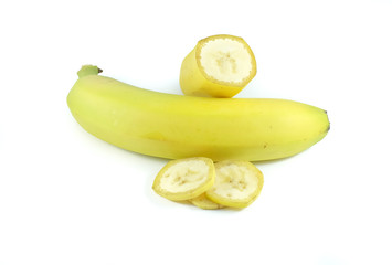 Fototapeta na wymiar Banana fruit and slices, isolated on white background