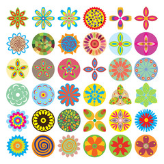 Ornament beautiful set of flowers like chakras for yoga. Geometric elements, hand drawn. Elements for spiritual compositions and patterns, small mandalas, kaleidoscope, medallion.