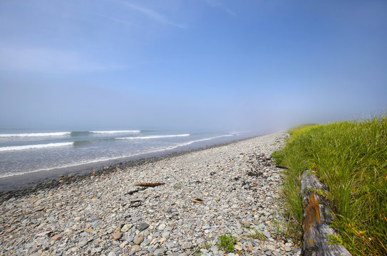 Foggy sea coast, rugged beach,  Digby, Nova Scotia. Canada