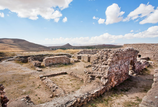 Abandoned village of ancient people of Perisa around historical Zoroastrian fire temple Takht-e Soleyman, Iran. UNESCO World Heritage Site from 2013