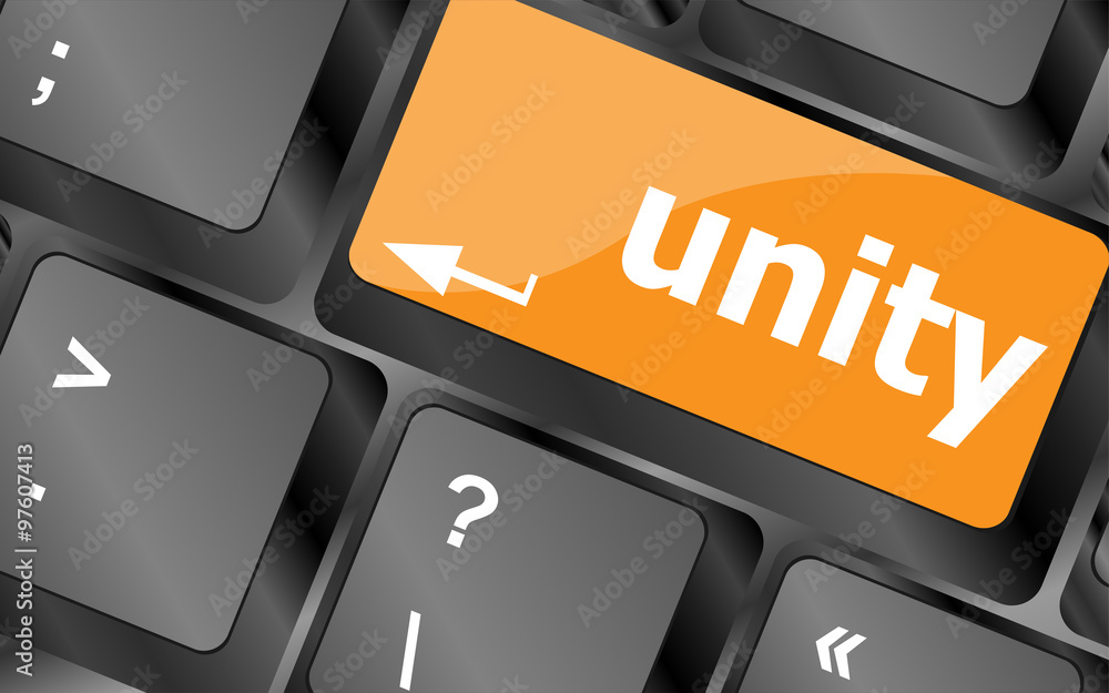 Poster unity word on computer keyboard pc key, vector illustration