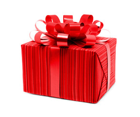 Gift box tied with a gold ribbon bow on white background.