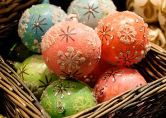 Christmas decorations in a basket at the market in Vienna