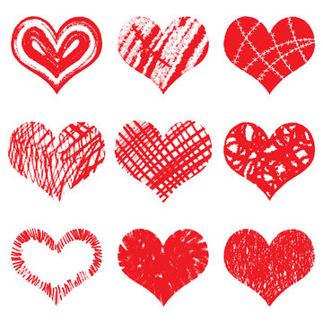 Hand drawn heart shapes, icons in red color for valentines and wedding. Painted collection of grunge vector hearts wedding. Made of chalk and watercolour.