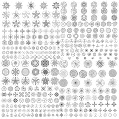 Large Set of flat liner icon flower. Black and white, Isolated floral elements for coloring book. Floral icons, logo, stickers, labels, tags. Create imaginary composition.
