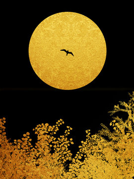 金屏風　月と鳥