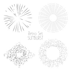 Collection of trendy hand drawn retro sunburst in set of four. Bursting rays design elements in various shapes. Sun ray frames vector design.