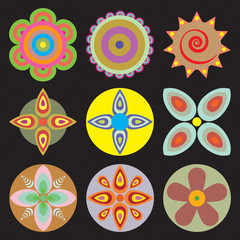 Ornament round flower set like mandala. Geometric circle floral vector elements. Modern, contemporary, ethnic ornamental floral designs. Oriental indian, chinese style.