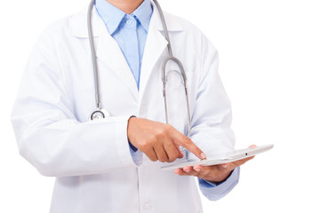 Doctor working on a digital tablet on white background.