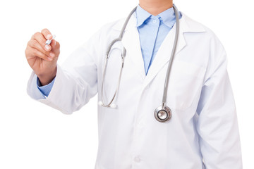 Doctor writing with pen at copyspace on white background