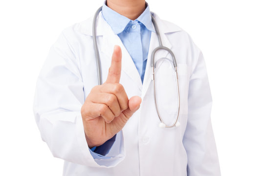 Doctor with stethoscope point finger up, empty copy space, on white background