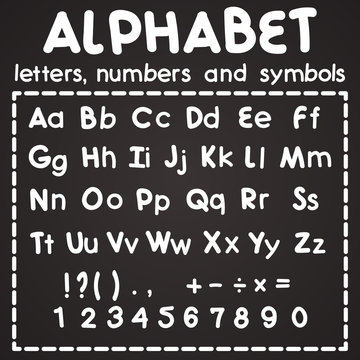 Latin alphabet, white letters, numbers and symbols isolated on black background