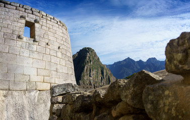 Sun temple with mountains in the background, Machu Picchu, Cusco Region, Urubamba Province, Machupicchu District, Peru