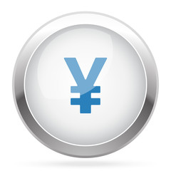 Blue Yen icon on white glossy chrome app button