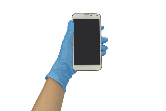 Gloved Hand Holding A Smart Phone On White Background.