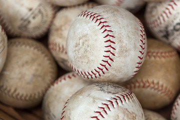 Full frame shot of white old baseballs for sale at flea market