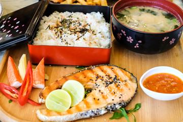 salmon steak grilled and side dish for happy dinner