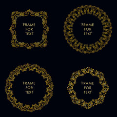 Set of four elegant golden frame isolated on black background
