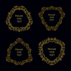 Set of four elegant golden frame isolated on black background