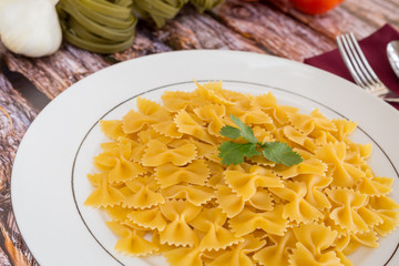 pasta meal on a wood background.